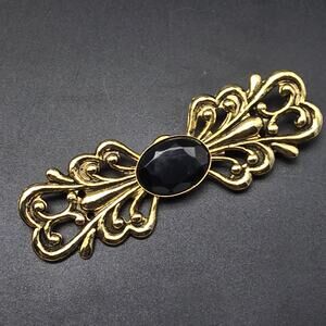 Art Deco Gold Tone Filigree Bar Brooch Black Center Vintage Costume Jewelry